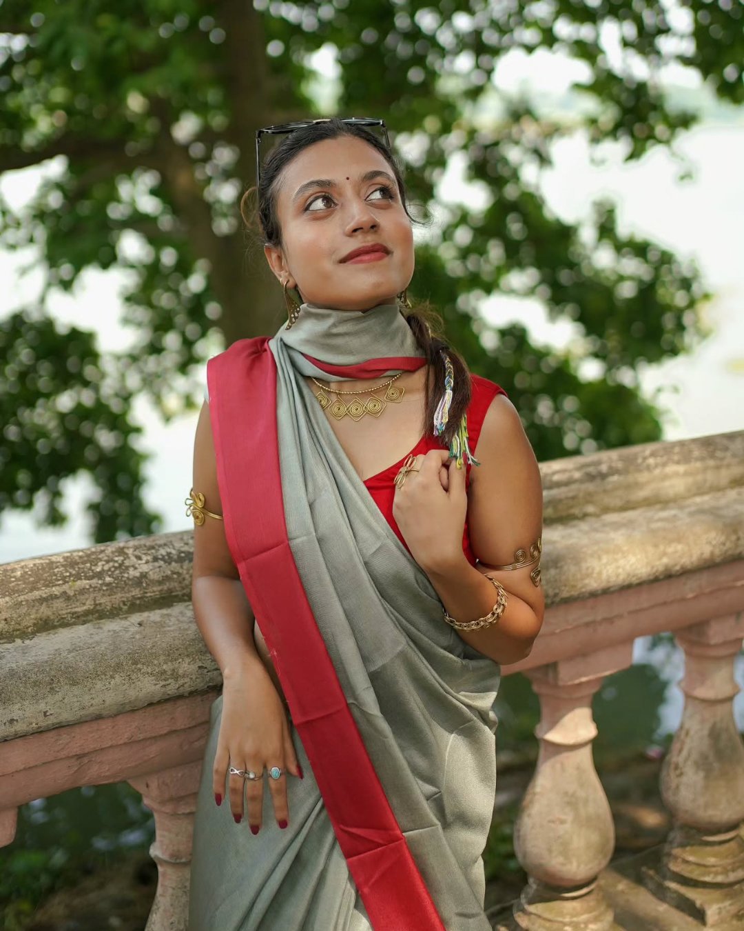 Olive Rhapsody - Light Olive & Radiant Red Chanderi Cotton Silk Saree