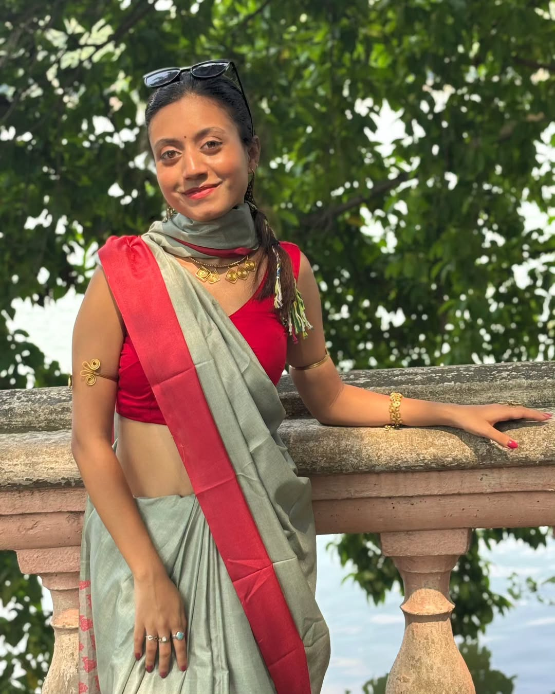 Olive Rhapsody - Light Olive & Radiant Red Chanderi Cotton Silk Saree