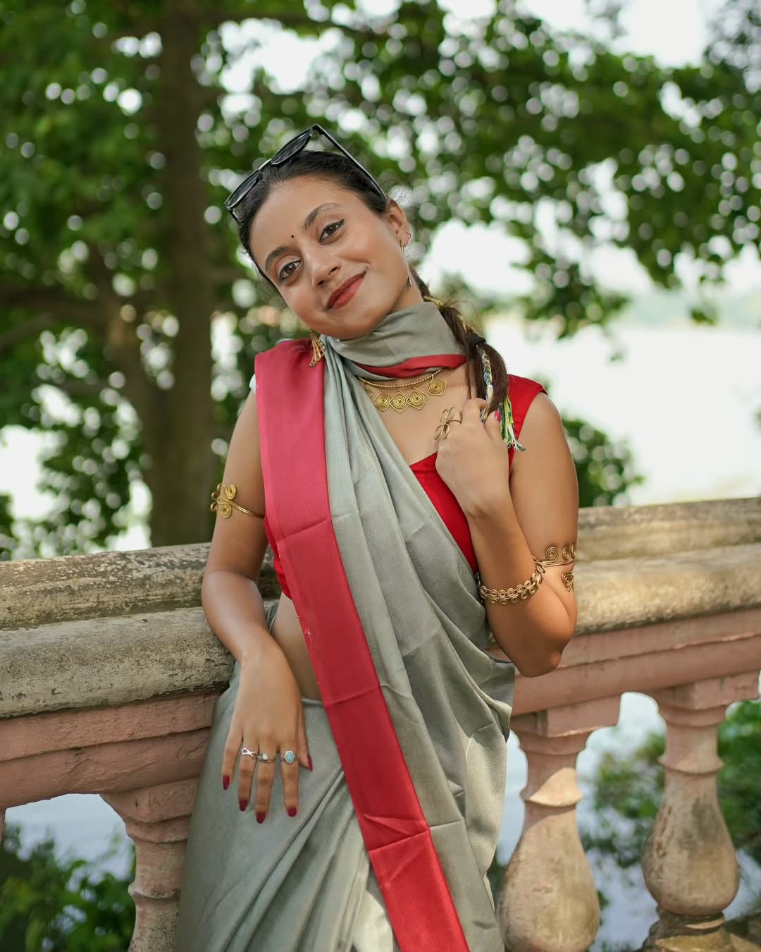 Olive Rhapsody - Light Olive & Radiant Red Chanderi Cotton Silk Saree