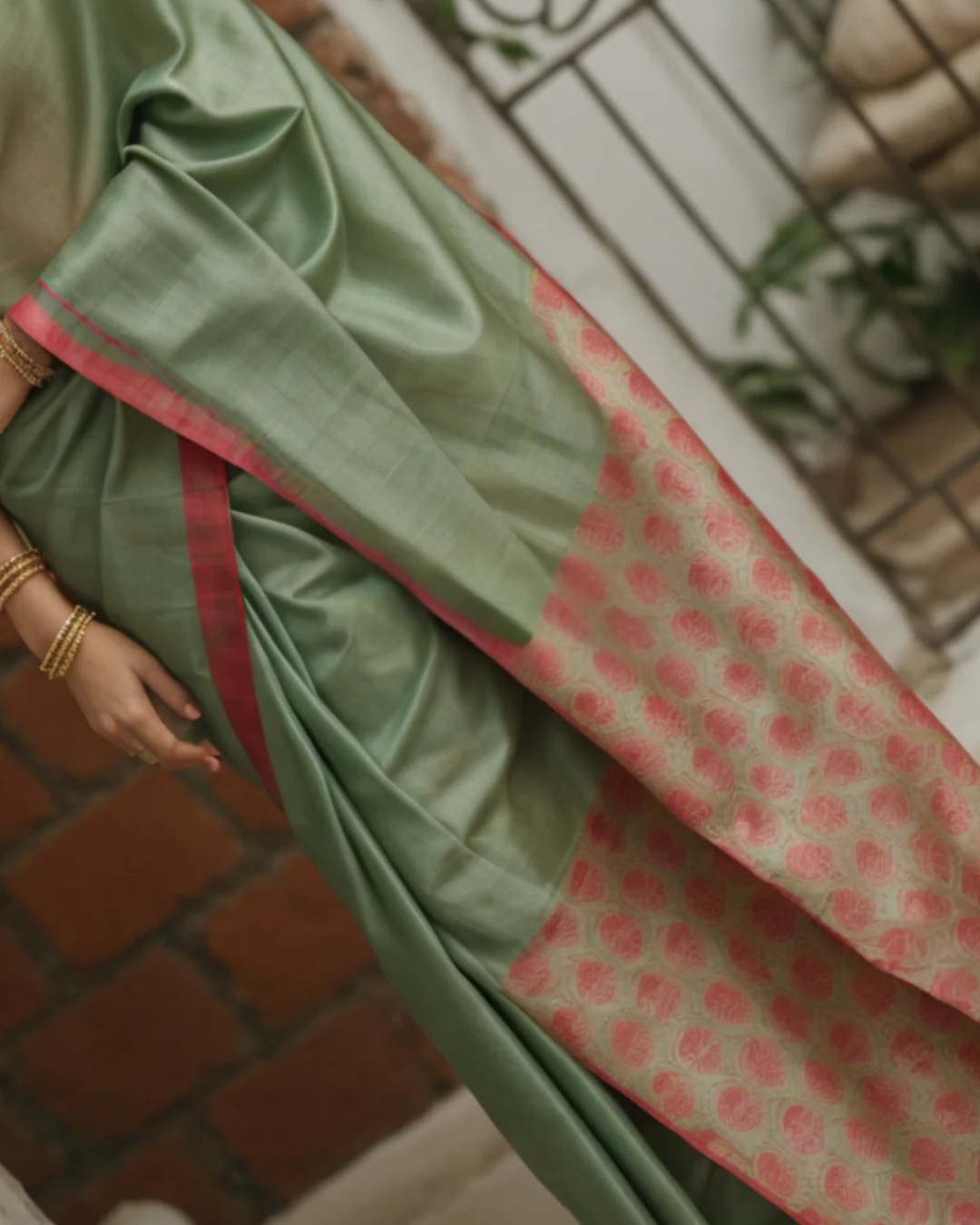Olive Rhapsody - Light Olive & Radiant Red Chanderi Cotton Silk Saree