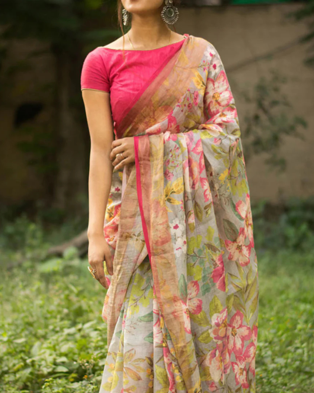 Smoky Elegance - Light Grey Cotton Blend Digital Print Saree