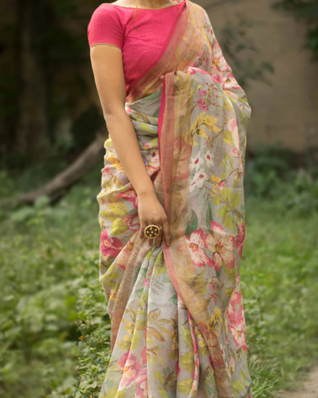 Smoky Elegance - Light Grey Cotton Blend Digital Print Saree