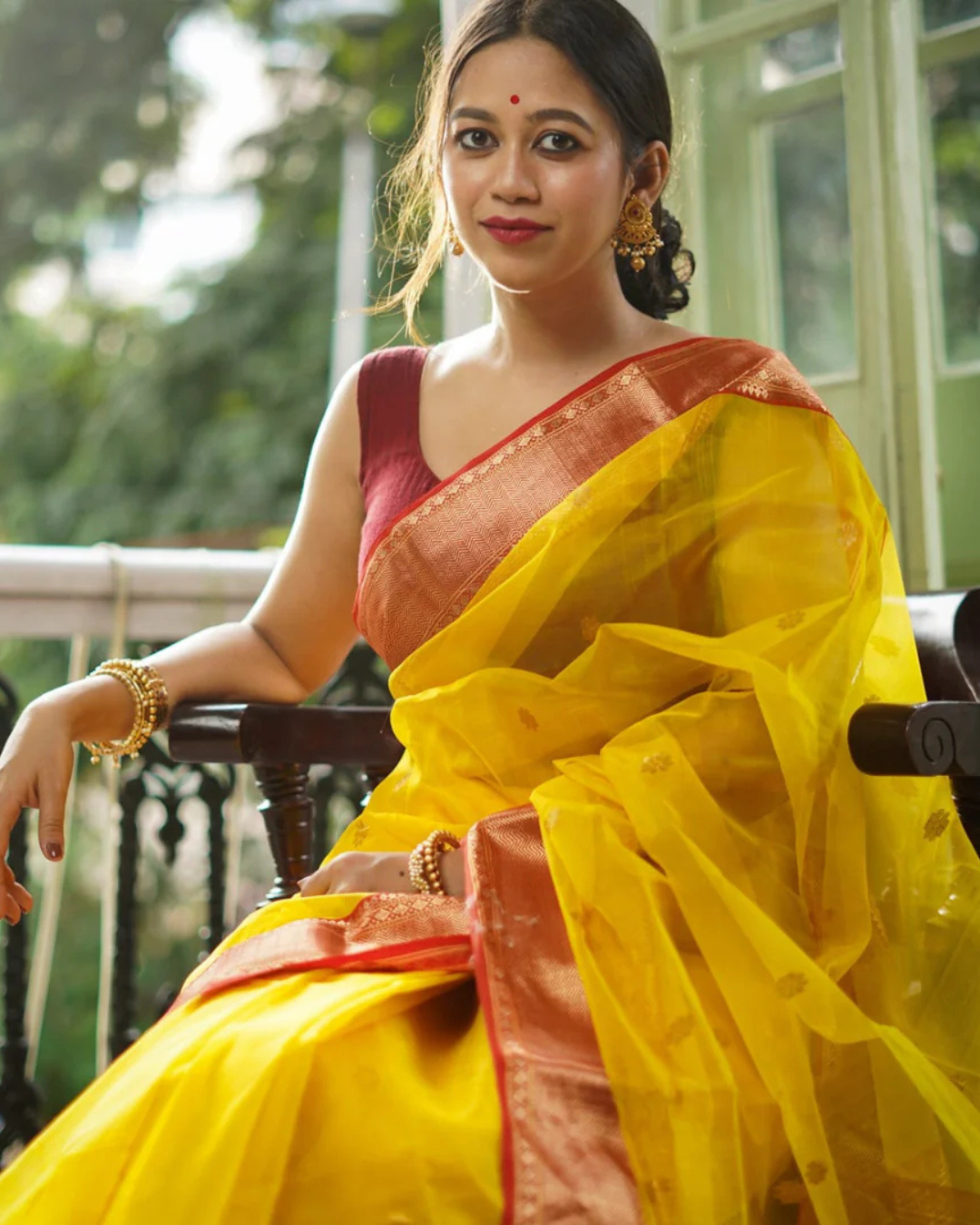 Sunset Radiance - Yellow & Red Handloom Chanderi Silk Saree