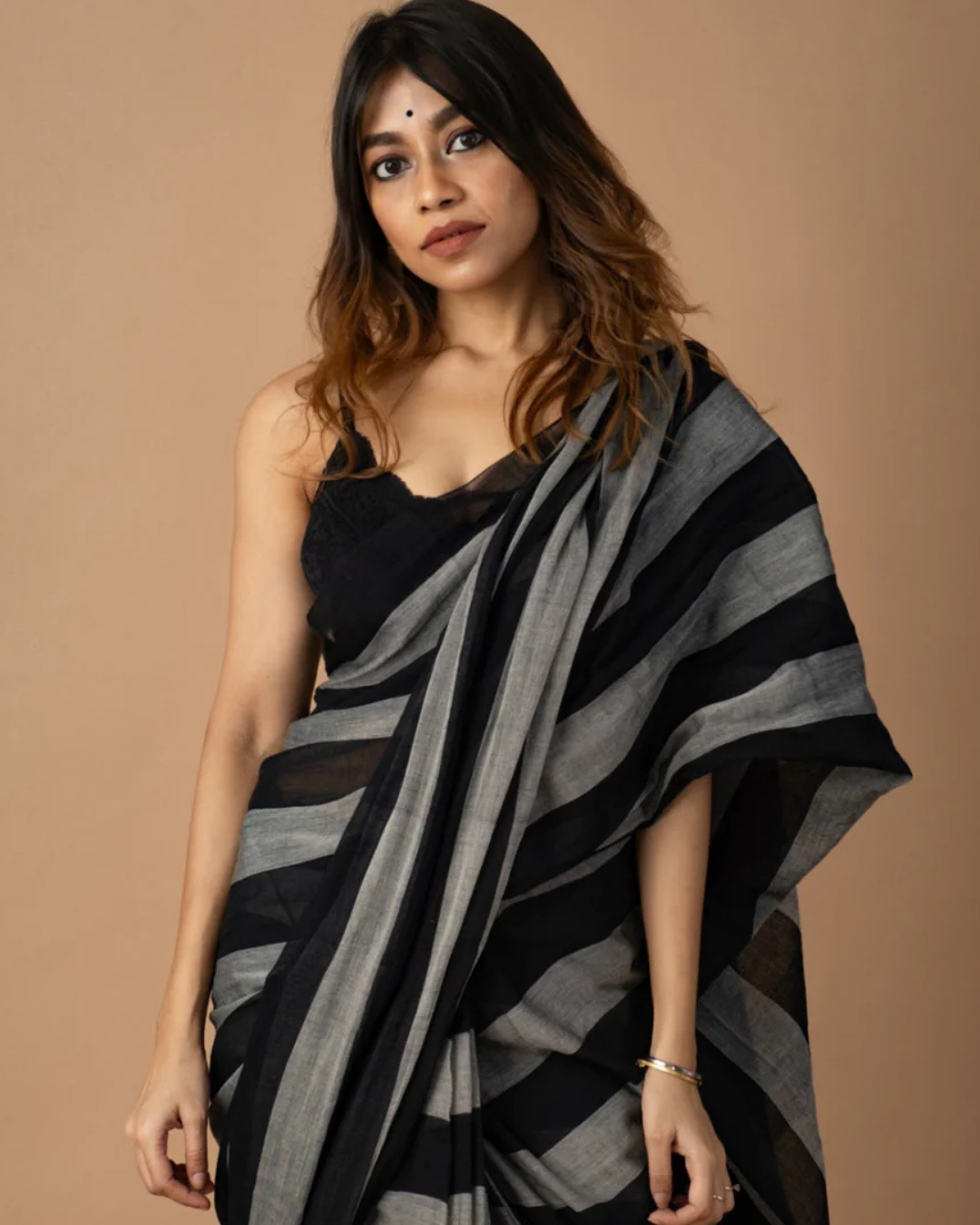 Charcoal Harmony - Black & Grey Pure Muslin Saree