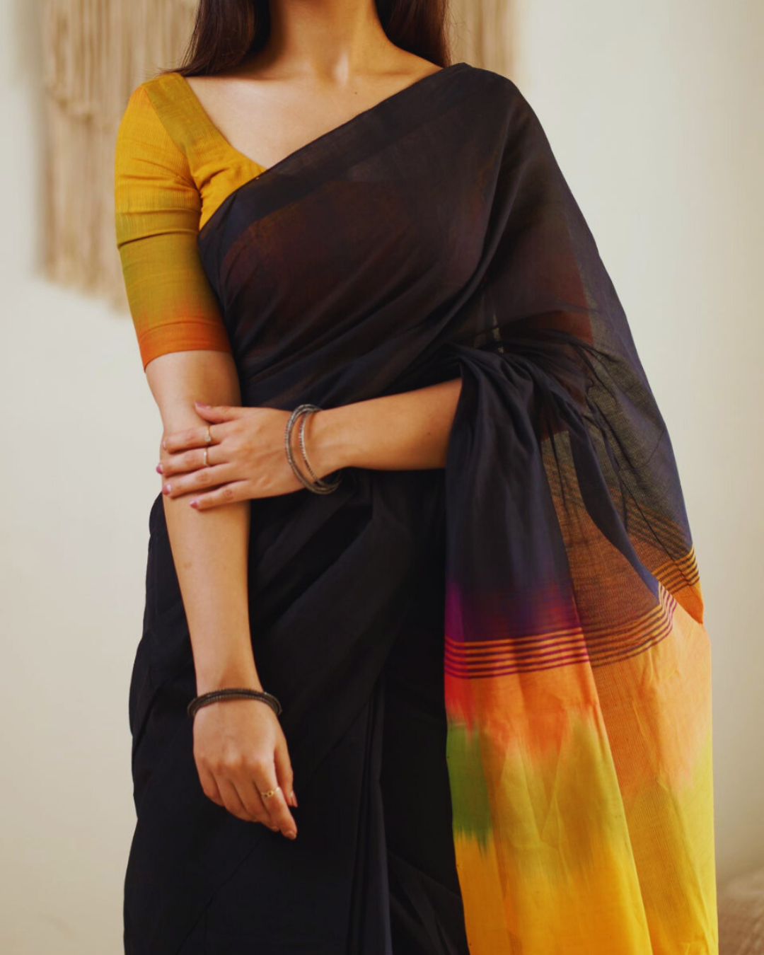 Bold Elegance - Black & Yellow Premium Chanderi Cotton Saree