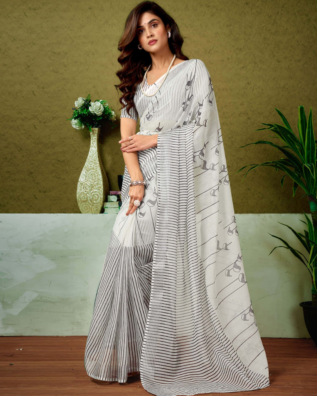 Ivory Charm - Elegant White Chanderi Cotton Saree