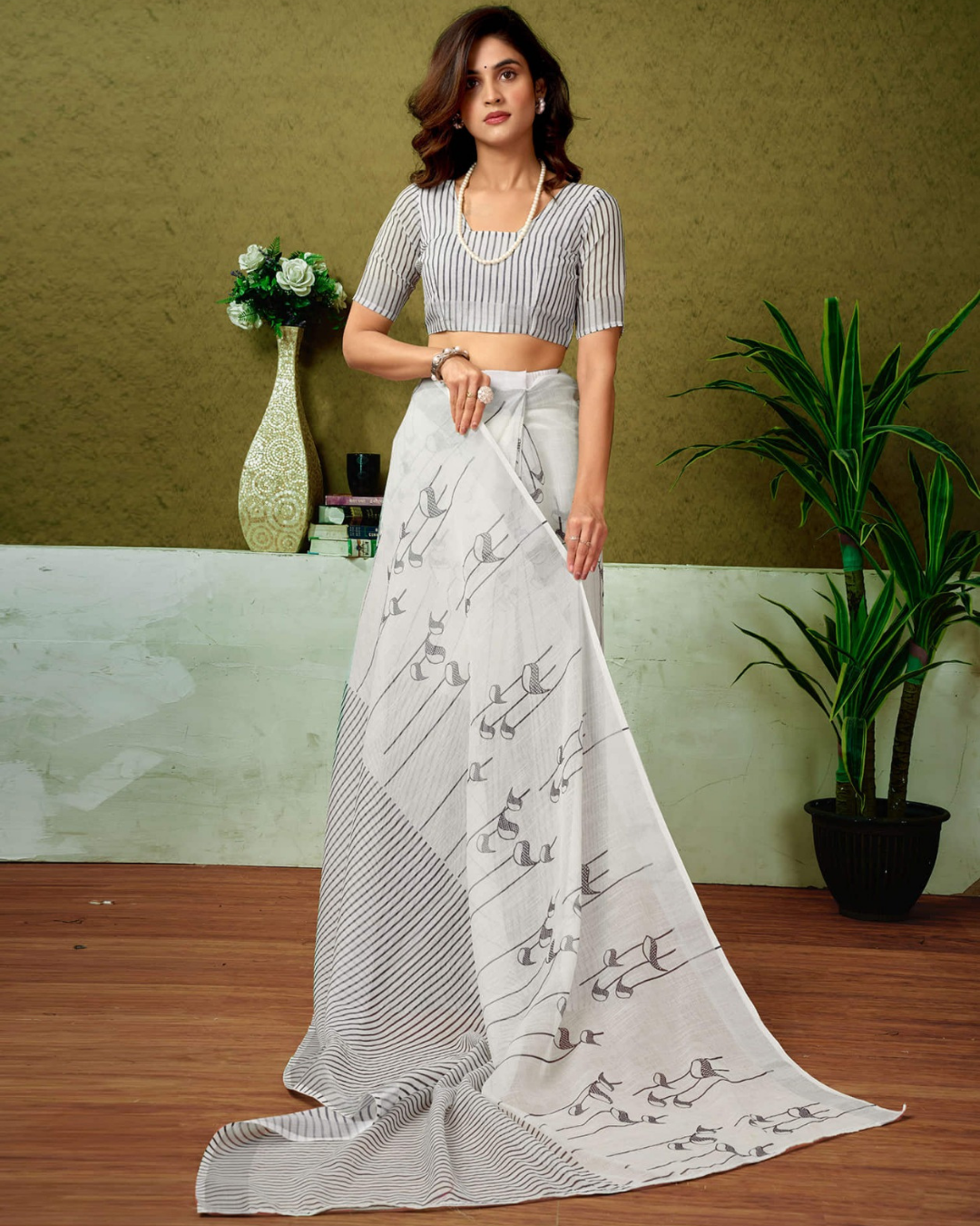 Ivory Charm - Elegant White Chanderi Cotton Saree
