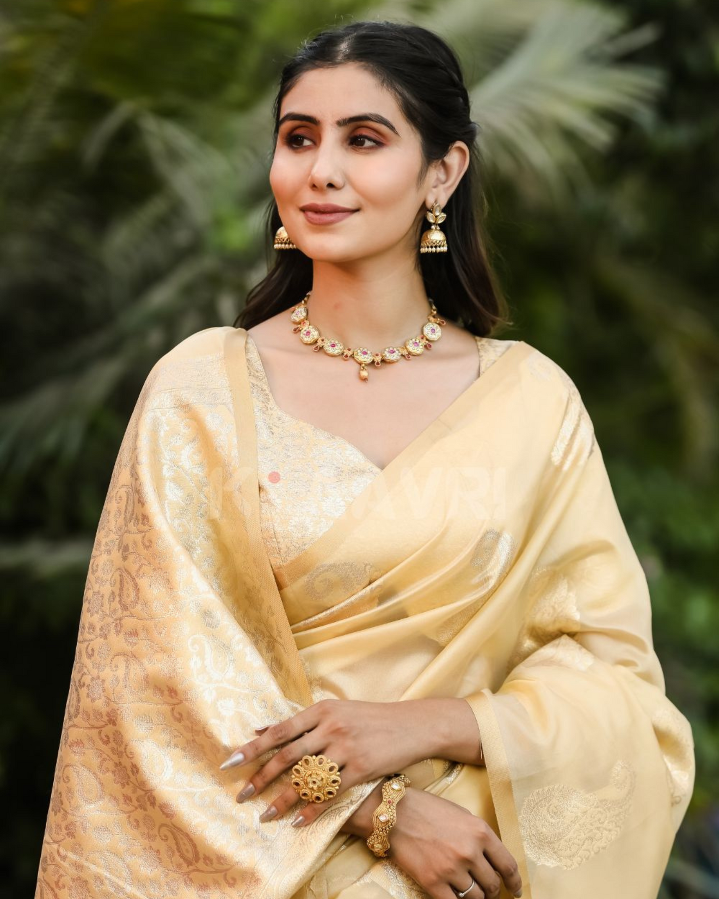 Golden Dusk - Pearl Yellow Chanderi Jacquard Saree