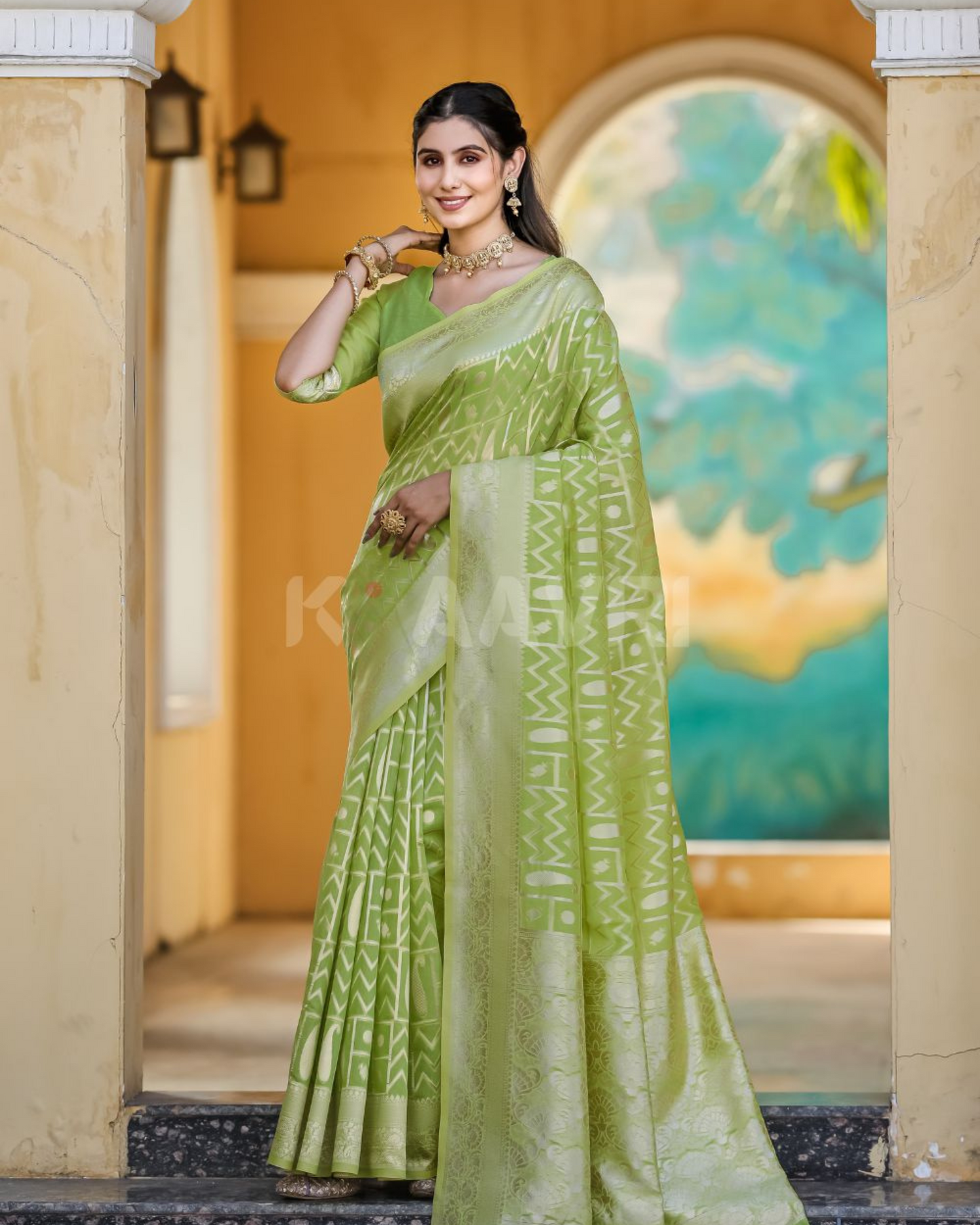 Forest Muse - Moss Green Chanderi Jacquard Saree