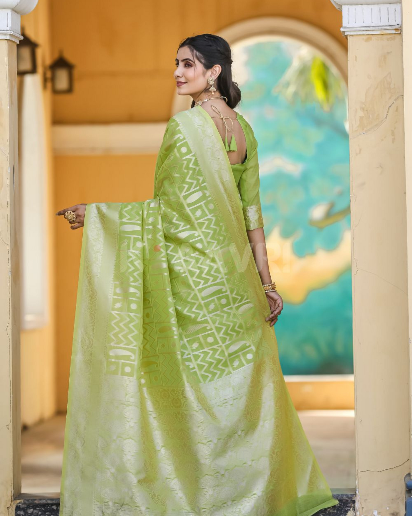 Forest Muse - Moss Green Chanderi Jacquard Saree