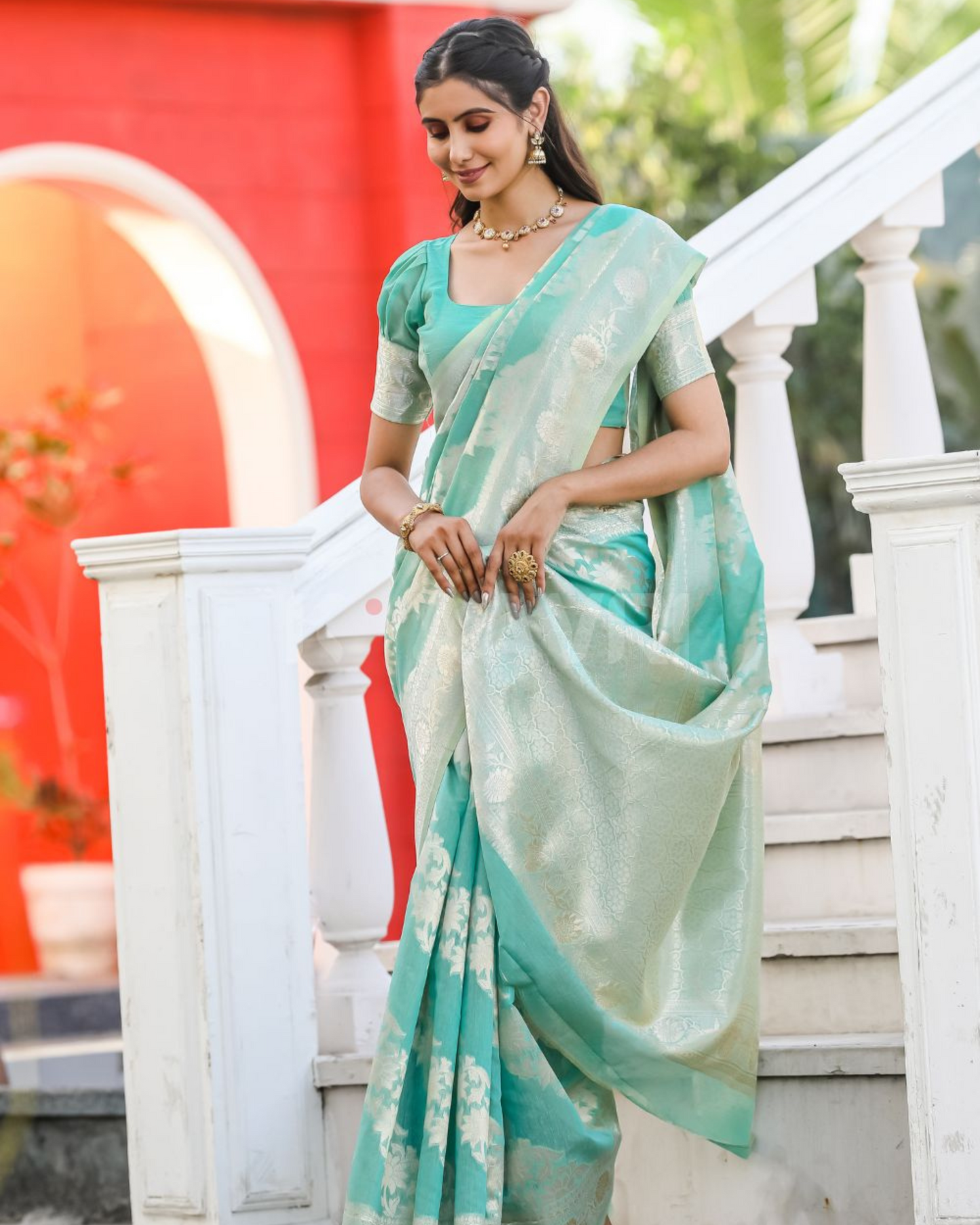 Sea Breeze - Medium Aquamarine Chanderi Jacquard Saree
