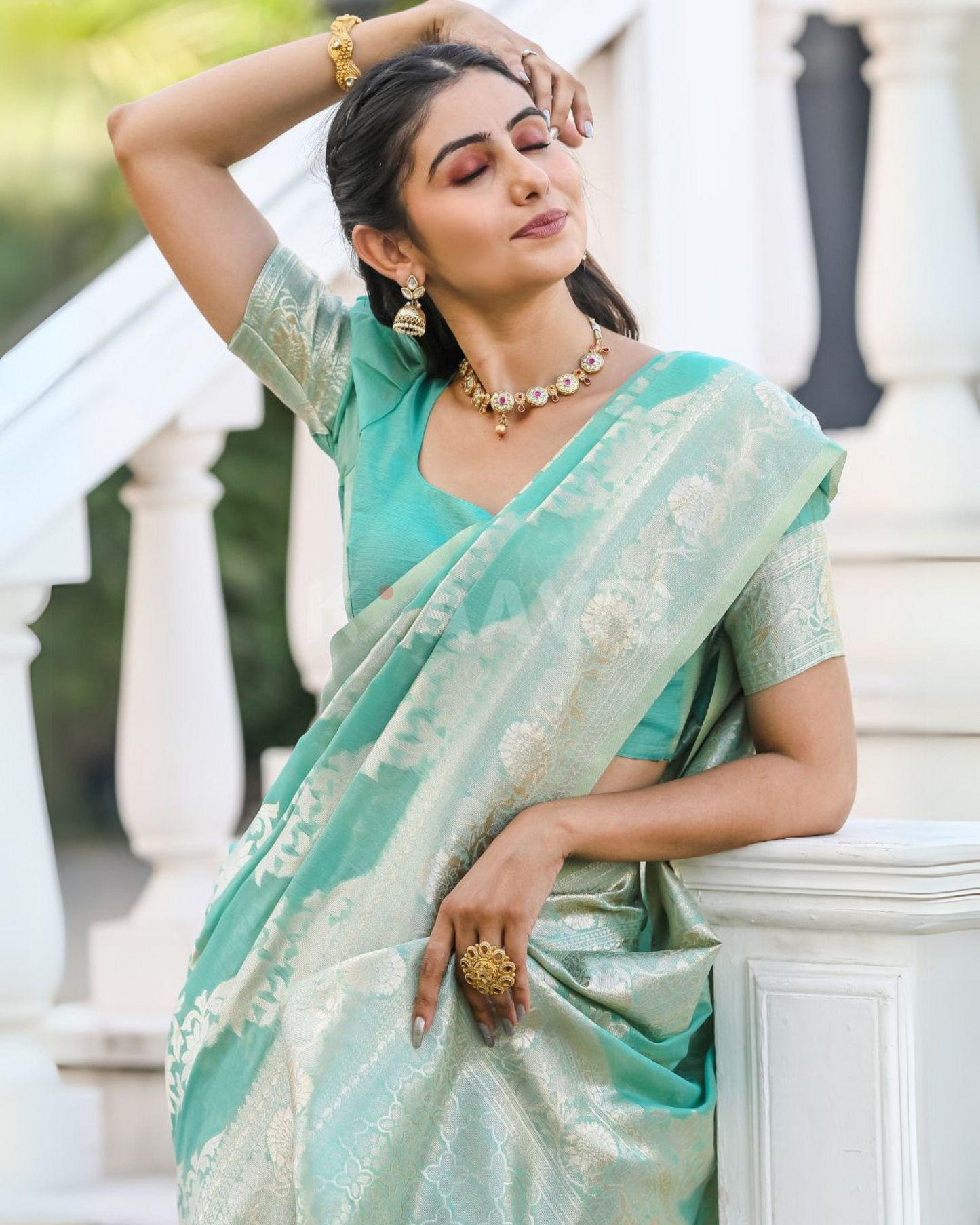 Sea Breeze - Medium Aquamarine Chanderi Jacquard Saree