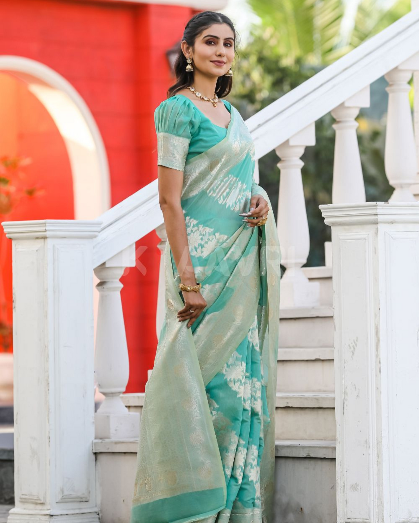 Sea Breeze - Medium Aquamarine Chanderi Jacquard Saree