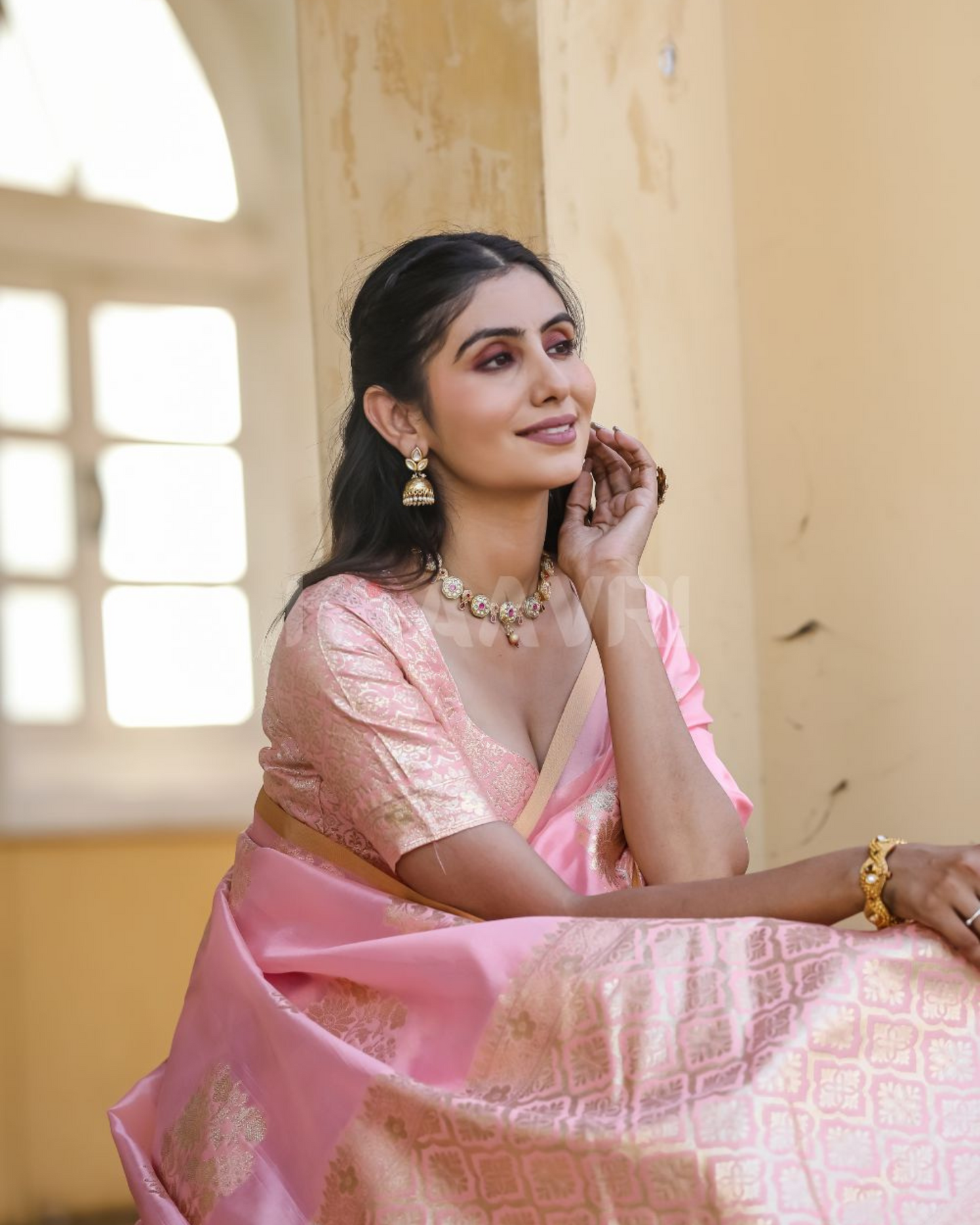 Blush Radiance - Rose Gold Chanderi Jacquard Saree
