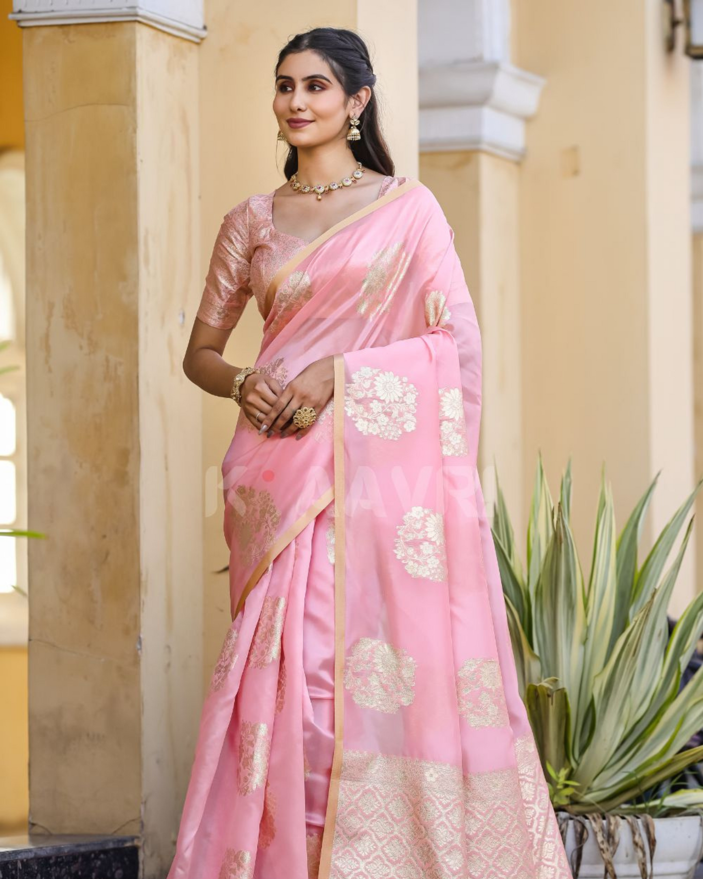 Blush Radiance - Rose Gold Chanderi Jacquard Saree