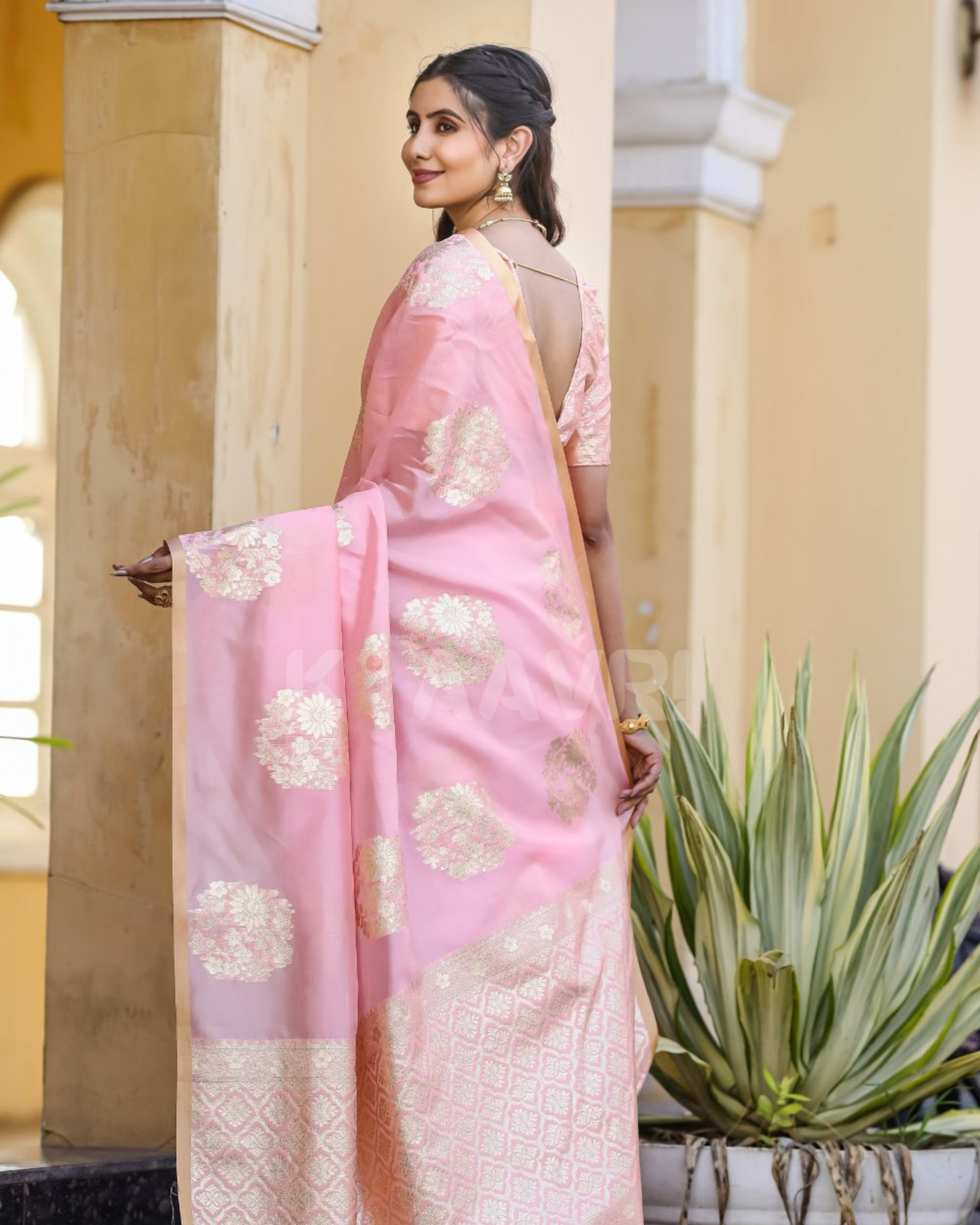 Blush Radiance - Rose Gold Chanderi Jacquard Saree
