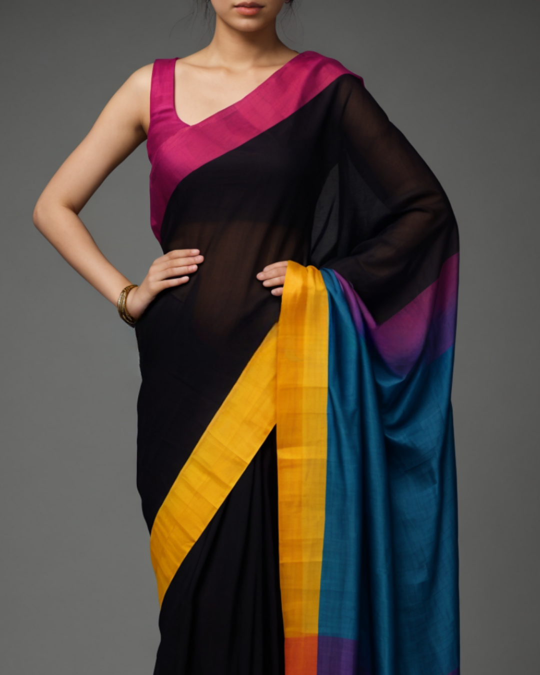 Noir Grace - Timeless Black Chanderi Cotton Saree