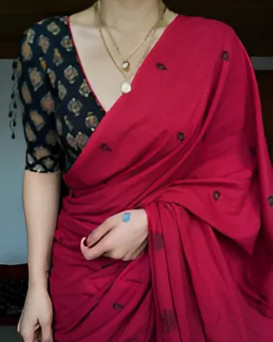 Scarlet Charm - Red Mulmul Cotton Saree