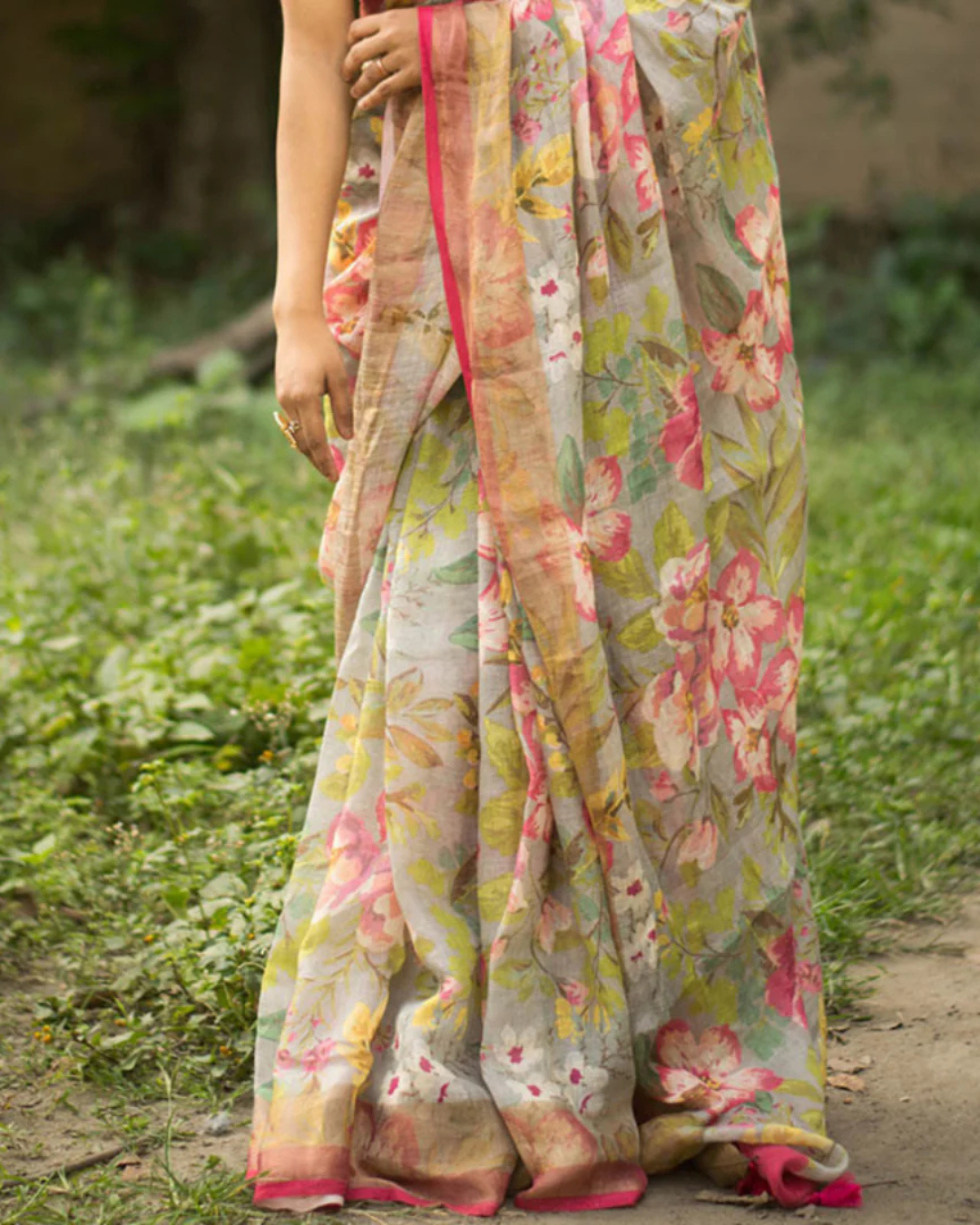 Smoky Elegance - Light Grey Cotton Blend Digital Print Saree
