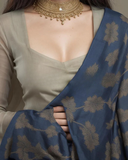 Deep Horizon - Dark Grayish Blue Muslin Saree