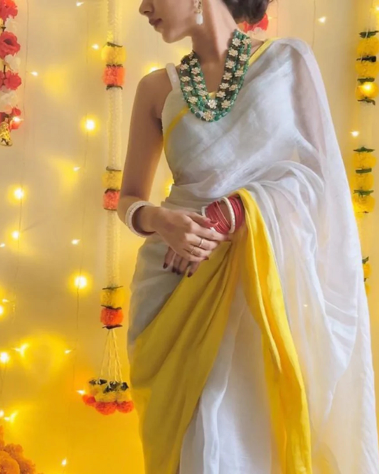 Golden Harmony - Cream & Yellow Chanderi Cotton Silk Saree with Contrast Border