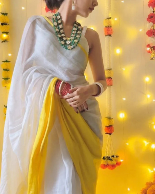 Golden Harmony - Cream & Yellow Chanderi Cotton Silk Saree with Contrast Border