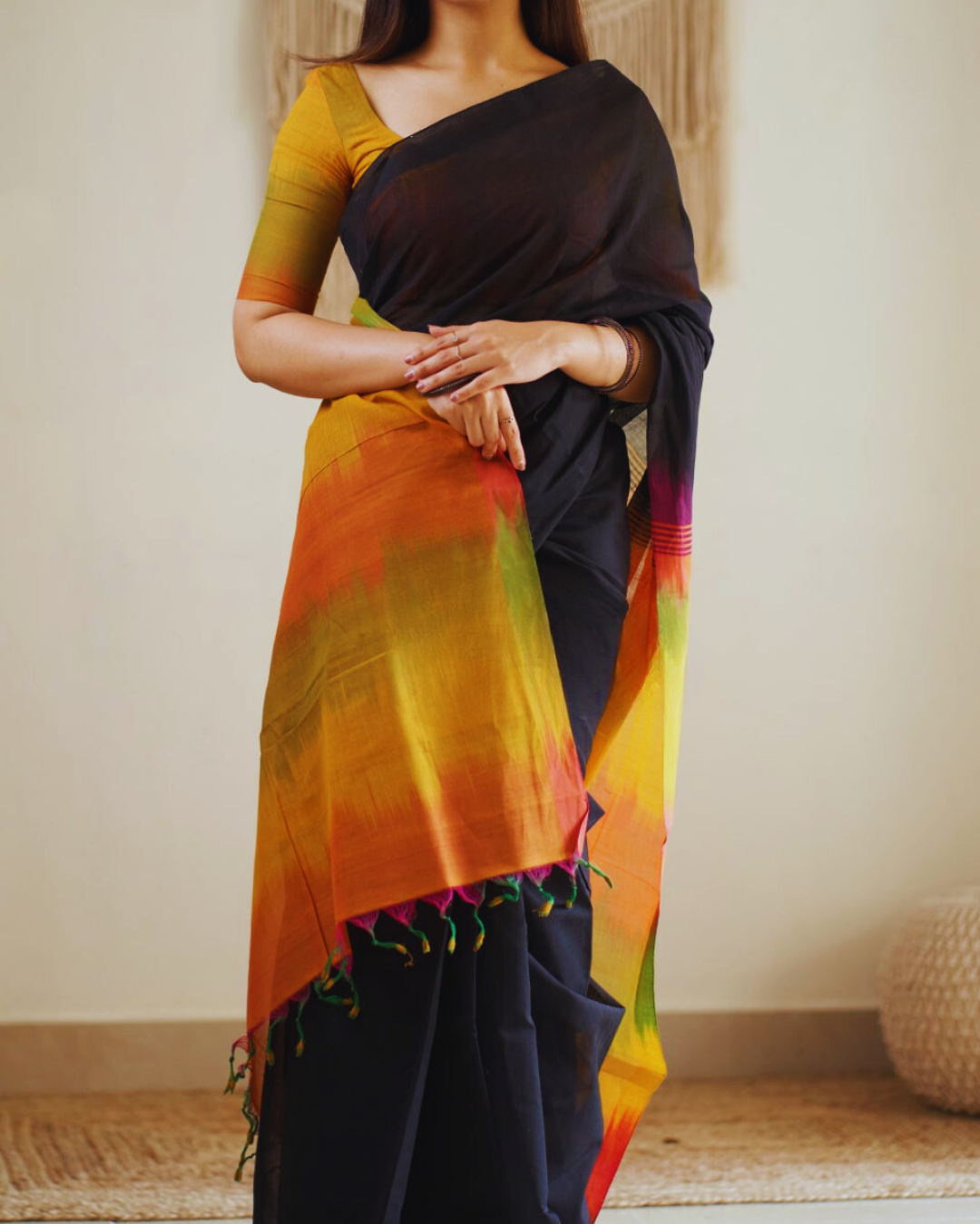 Bold Elegance - Black & Yellow Premium Chanderi Cotton Saree