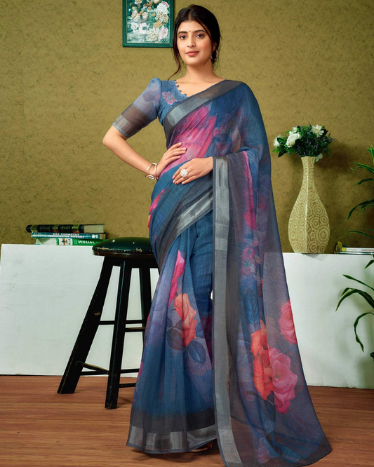 Midnight Charm - Navy Blue Pure Linen Saree