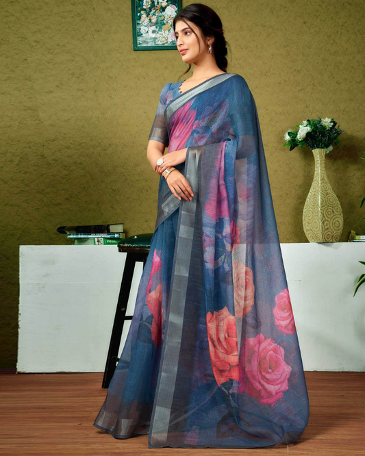 Midnight Charm - Navy Blue Pure Linen Saree