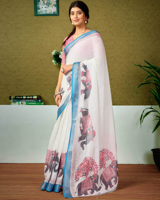 Ethereal Grace - Pure White Linen Saree
