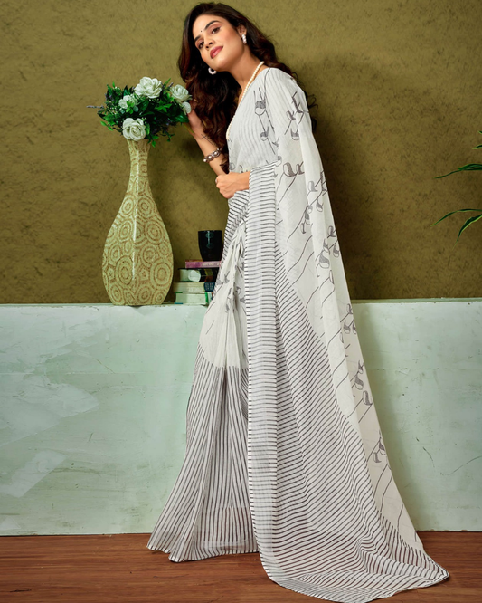 Ivory Charm - Elegant White Chanderi Cotton Saree