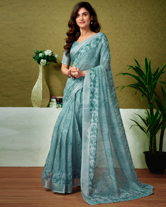 Ocean Mist - Pewter Blue Linen Saree