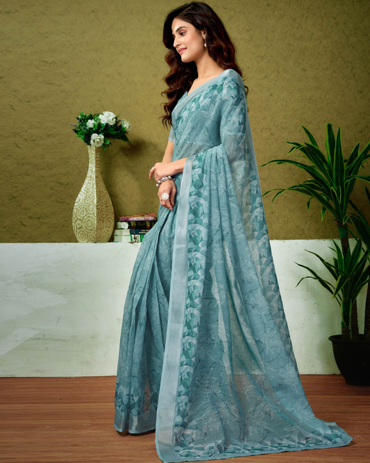 Ocean Mist - Pewter Blue Linen Saree