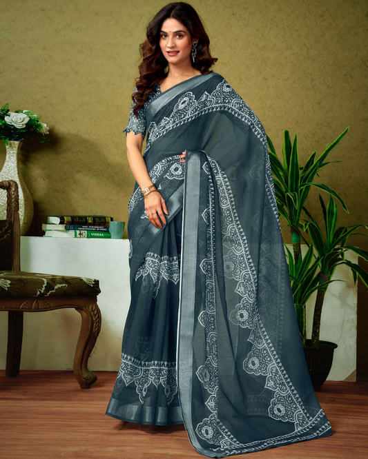 Mystic Charcoal - Outer Space Linen Saree