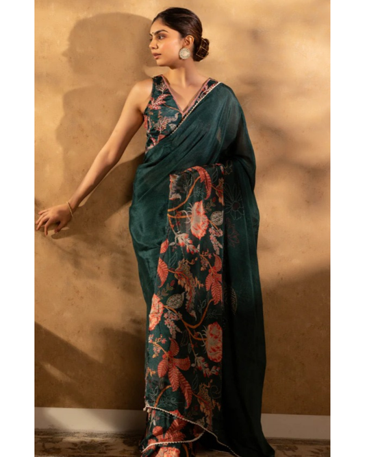 Verdant Grace - Green Chanderi Cotton Saree