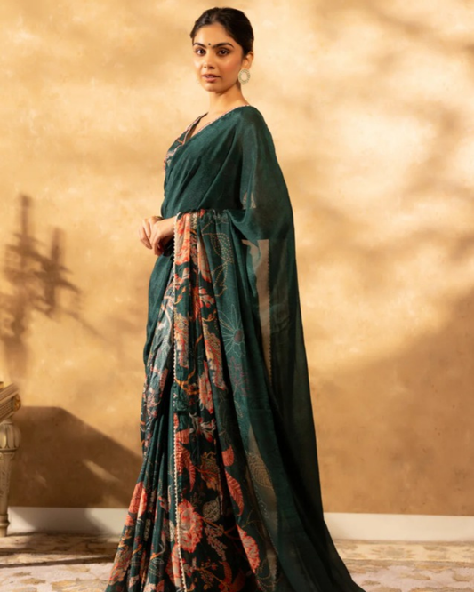 Verdant Grace - Green Chanderi Cotton Saree