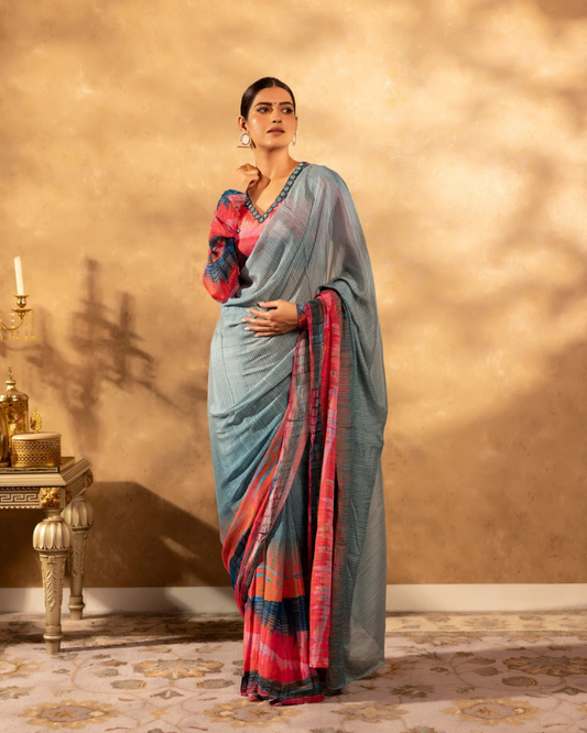 Granite Charm - Granite Gray Chanderi Cotton Saree