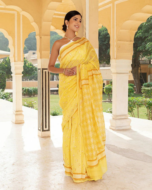 Sunlit Bloom - Yellow Chanderi Cotton Saree