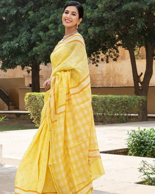 Sunlit Bloom - Yellow Chanderi Cotton Saree