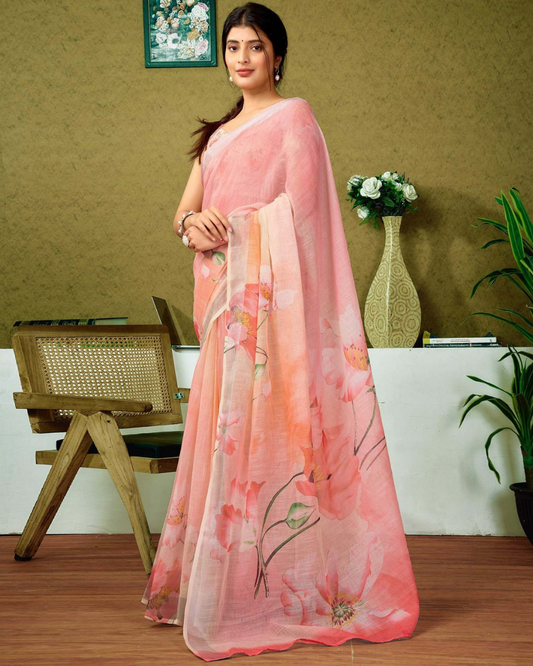 Peach Blossom - Light Salmon Linen Saree