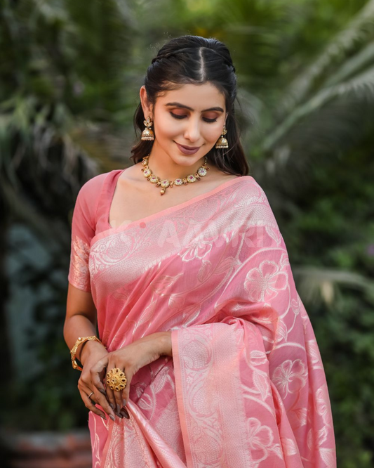 Sunset Bloom – Light Coral Chanderi Jacquard Saree