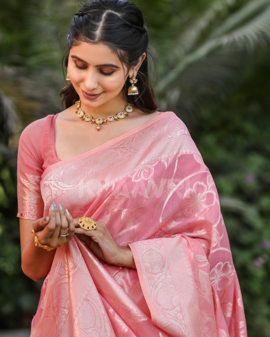 Sunset Bloom – Light Coral Chanderi Jacquard Saree