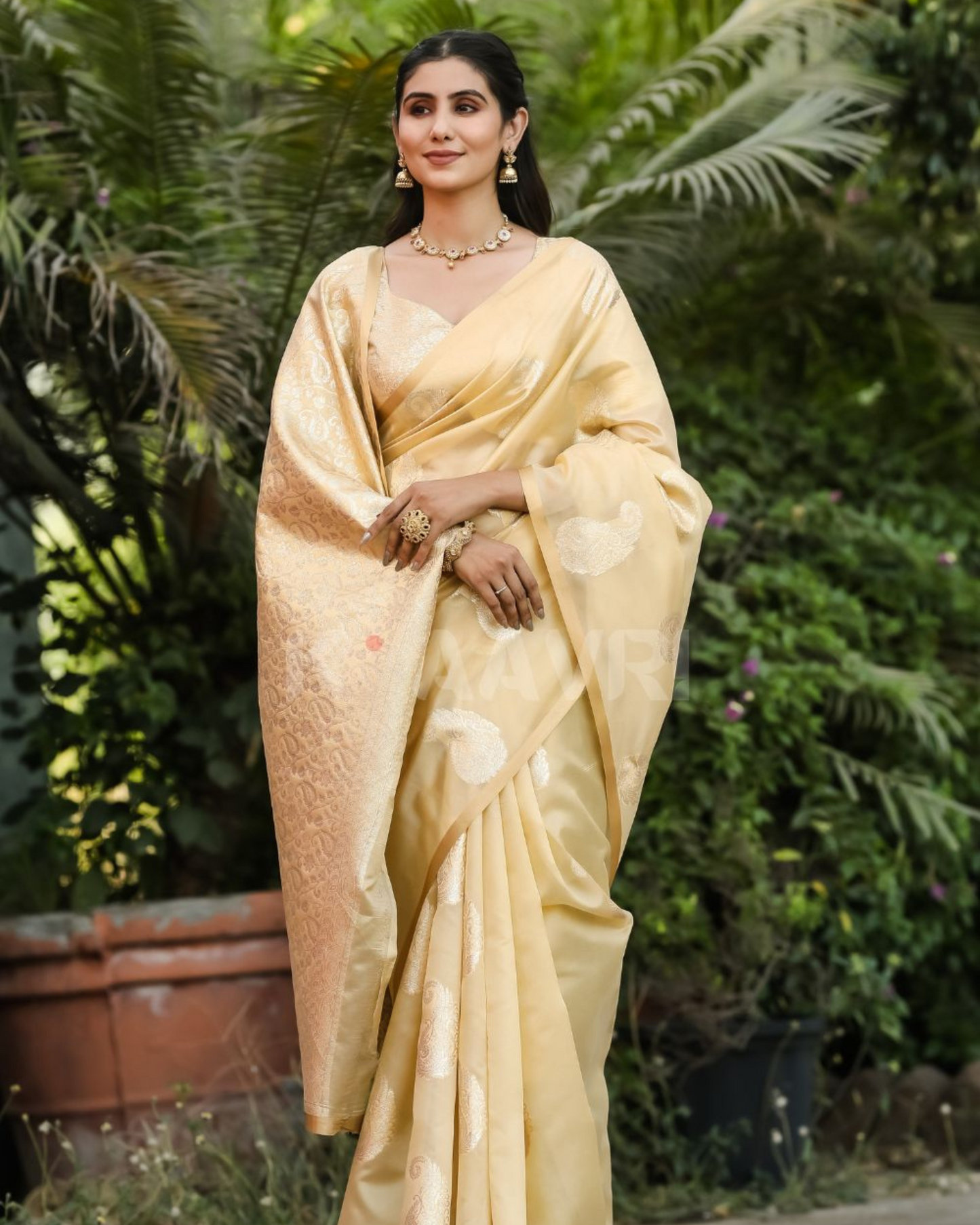 Golden Dusk - Pearl Yellow Chanderi Jacquard Saree
