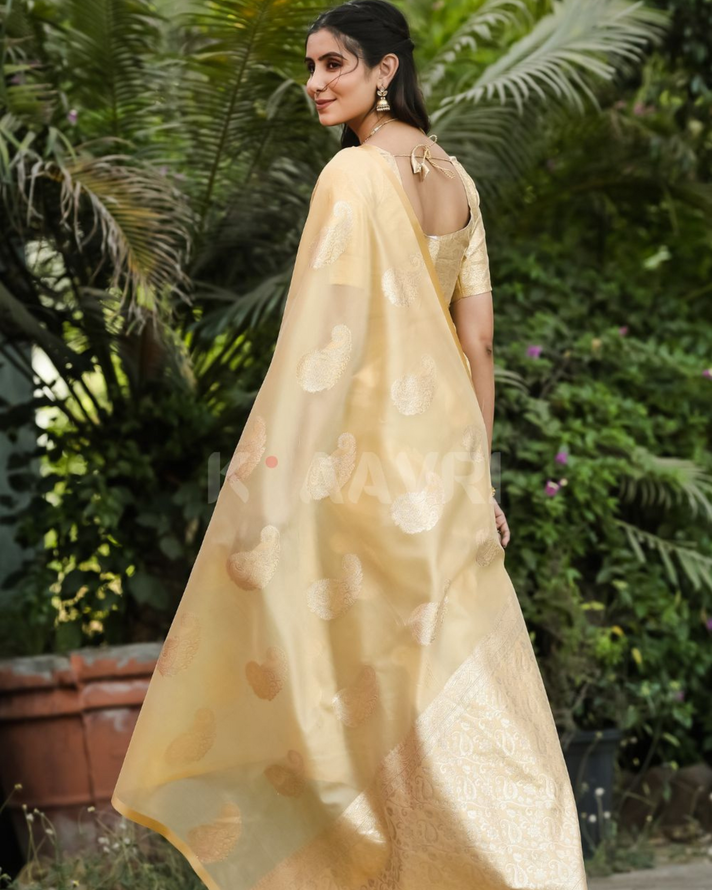 Golden Dusk - Pearl Yellow Chanderi Jacquard Saree