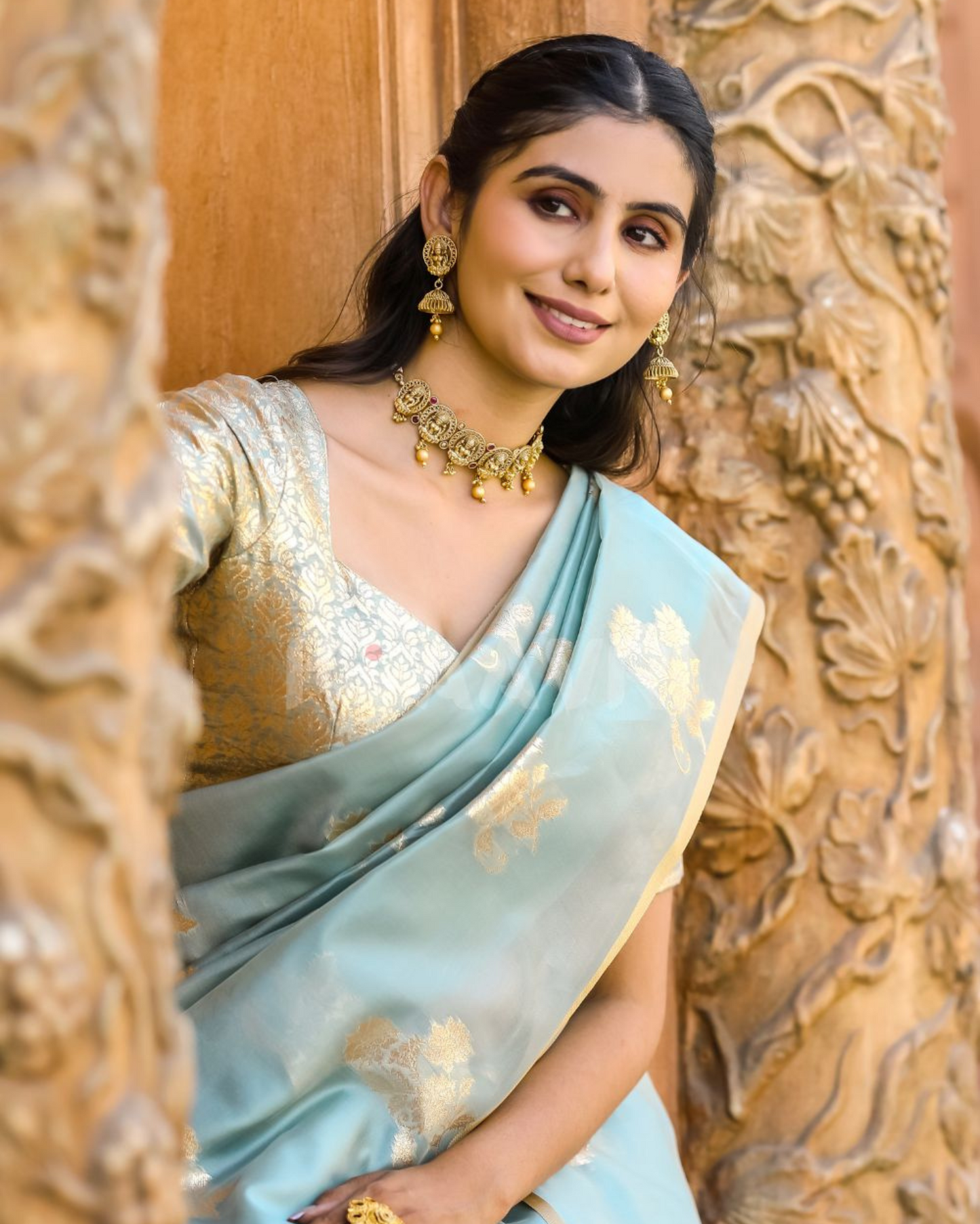 Azure Whisper - Beau Blue Chanderi Jacquard Saree