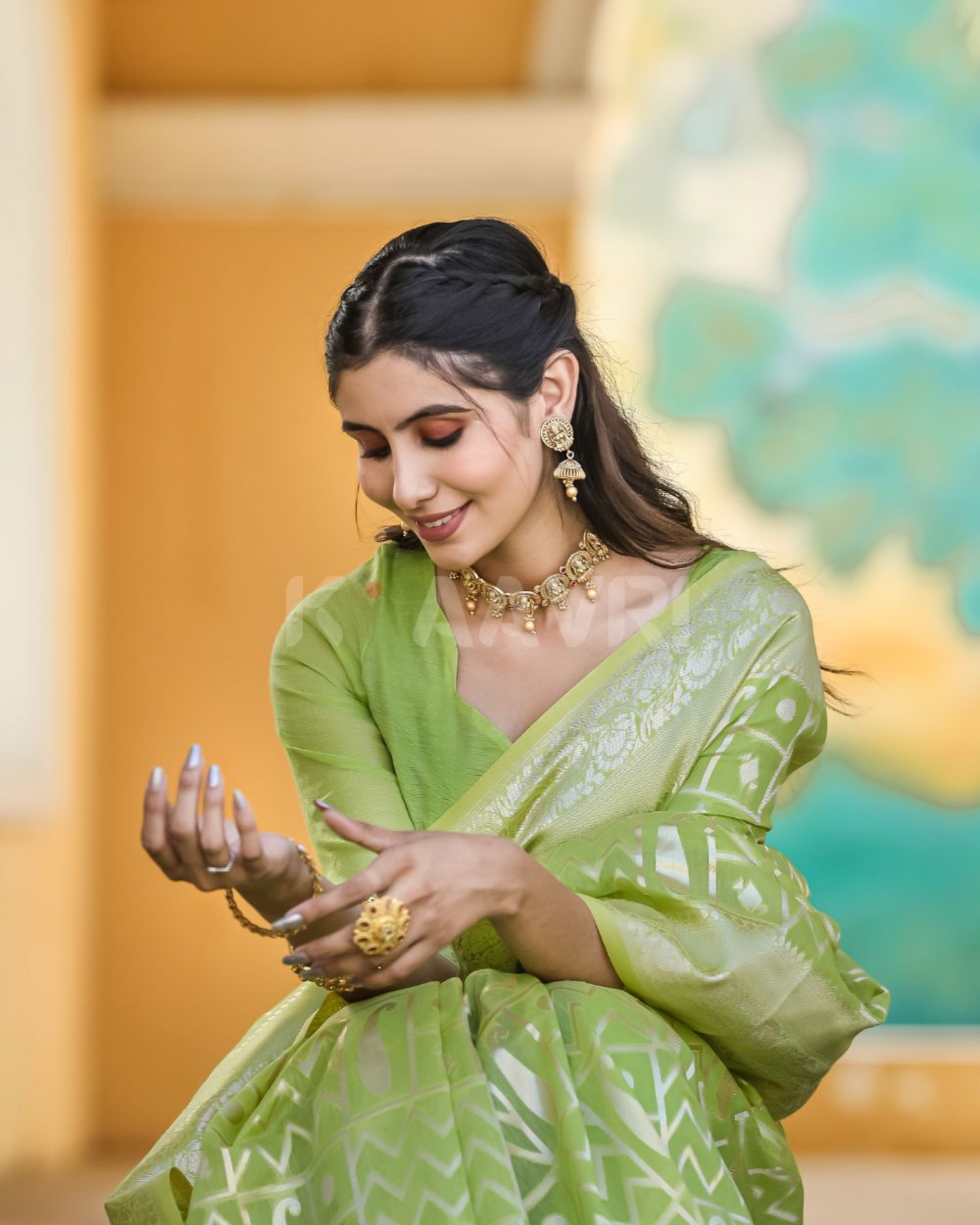 Forest Muse - Moss Green Chanderi Jacquard Saree