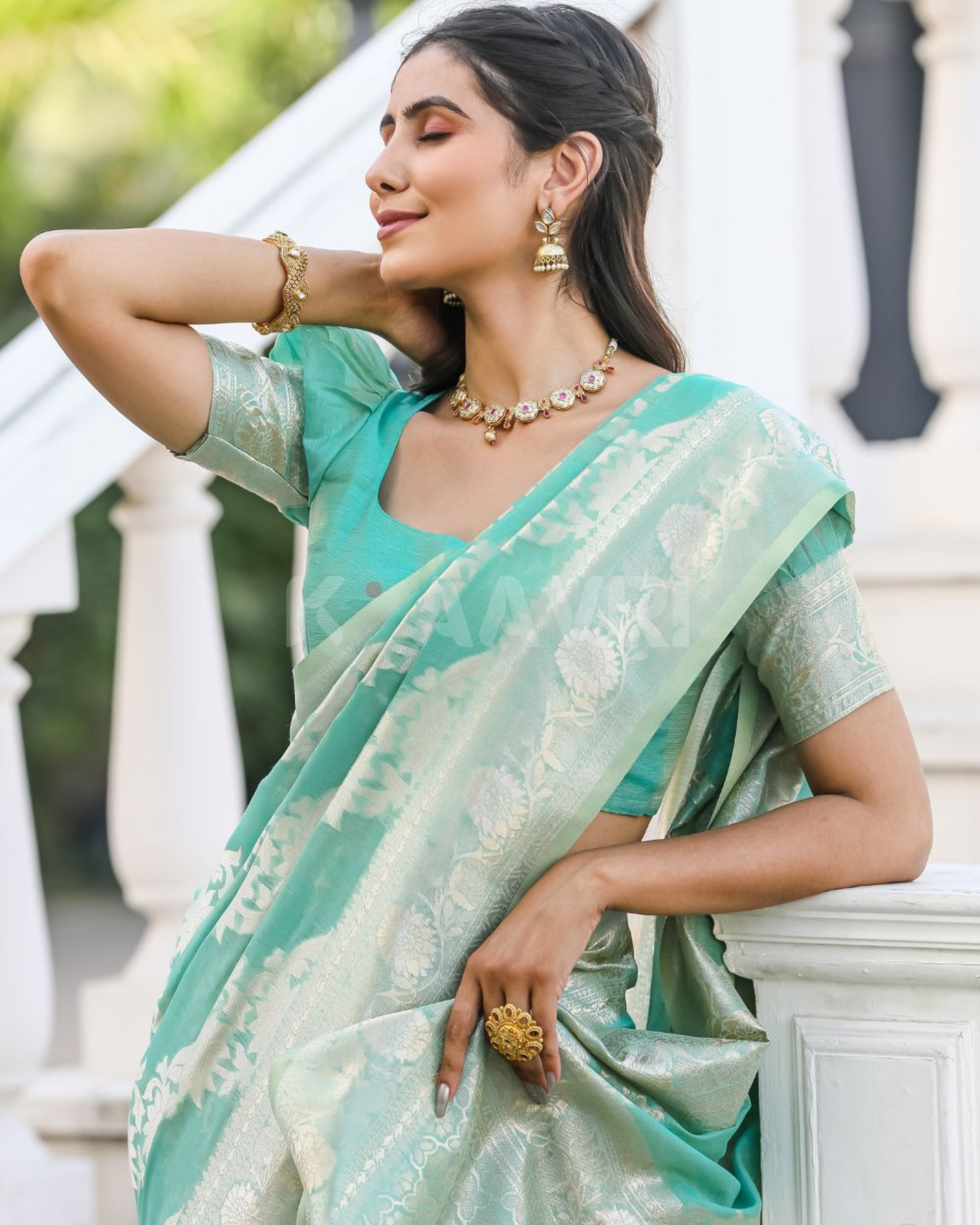 Sea Breeze - Medium Aquamarine Chanderi Jacquard Saree