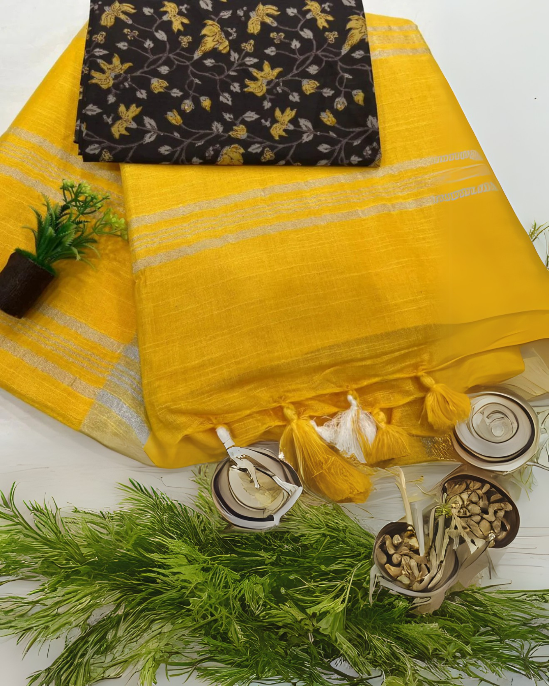 Sunshine Drape - Yellow Linen Saree with Printed Cotton Blouse