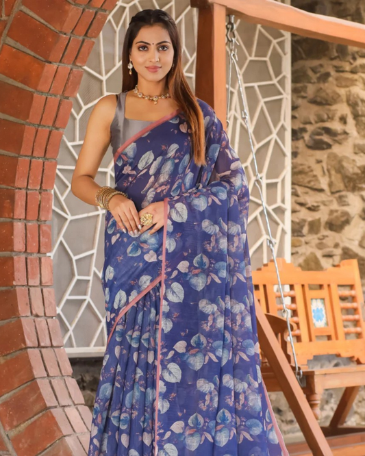 Purple Mirage - Blue & Purple Premium Plain Linen Saree